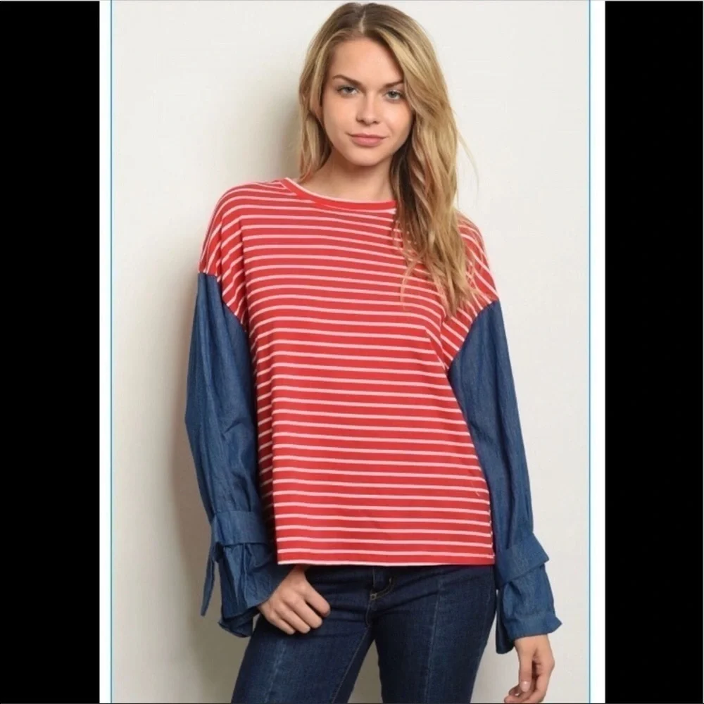Red & white striped blouse with denim slee… - Picture 2 of 6